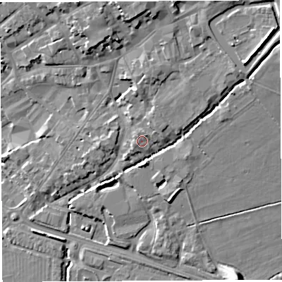 Shaded relief map of the ground around BA51UR, computed from Environment Agency LiDAR. The ground here sits at about 39 m above sea level and falls 17 m across the surrounding 800 m. Surface water reaching this point runs off ground lying to the north-east, 1.5 m higher.