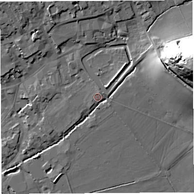 Shaded relief map of the ground around BA51US, computed from Environment Agency LiDAR. The ground here sits at about 43 m above sea level and falls 50 m across the surrounding 800 m. Surface water reaching this point runs off ground lying to the east-north-east, 42.7 m higher.