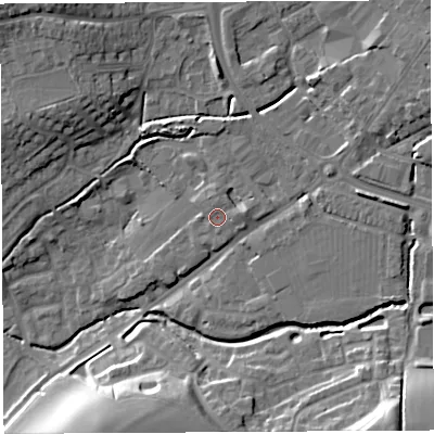 Shaded relief map of the ground around BA51XJ, computed from Environment Agency LiDAR. The ground here sits at about 31 m above sea level and falls 19 m across the surrounding 800 m. Surface water reaching this point runs off ground lying to the east, 1.7 m higher.