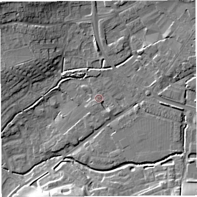 Shaded relief map of the ground around BA51XL, computed from Environment Agency LiDAR. The ground here sits at about 31 m above sea level and falls 20 m across the surrounding 800 m. Surface water reaching this point runs off ground lying to the south-east, 2.4 m higher.