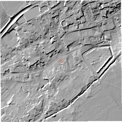 Shaded relief map of the ground around BA52AA, computed from Environment Agency LiDAR. The ground here sits at about 42 m above sea level and falls 25 m across the surrounding 800 m. Surface water reaching this point runs off ground lying to the north-north-east, 15.0 m higher.