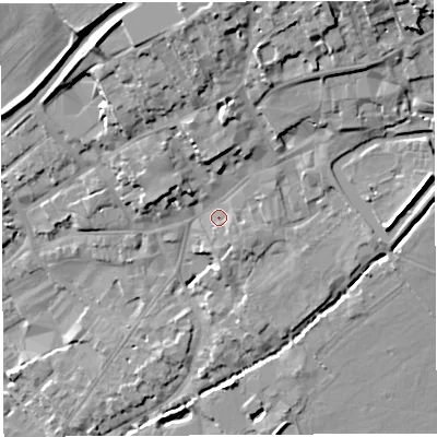 Shaded relief map of the ground around BA52AE, computed from Environment Agency LiDAR. The ground here sits at about 40 m above sea level and falls 23 m across the surrounding 800 m. Surface water reaching this point runs off ground lying to the north-north-east, 14.4 m higher.