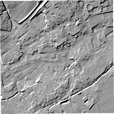 Shaded relief map of the ground around BA52AQ, computed from Environment Agency LiDAR. The ground here sits at about 39 m above sea level and falls 22 m across the surrounding 800 m. Surface water reaching this point runs off ground lying to the north-north-east, 5.7 m higher.
