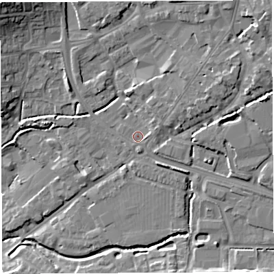 Shaded relief map of the ground around BA52AU, computed from Environment Agency LiDAR. The ground here sits at about 33 m above sea level and falls 18 m across the surrounding 800 m. Surface water reaching this point runs off ground lying to the south-south-east, 0.7 m higher.