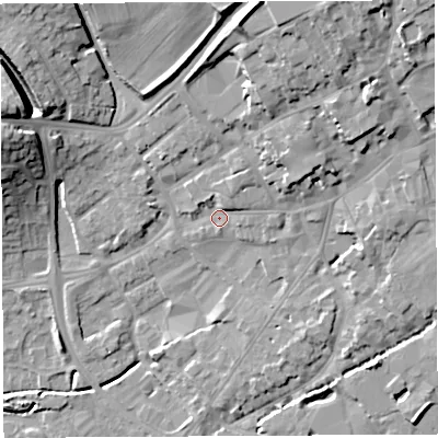Shaded relief map of the ground around BA52AW, computed from Environment Agency LiDAR. The ground here sits at about 37 m above sea level and falls 23 m across the surrounding 800 m. Surface water reaching this point runs off ground lying to the north-east, 6.7 m higher.