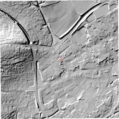 Shaded relief map of the ground around BA52BA, computed from Environment Agency LiDAR. The ground here sits at about 38 m above sea level and falls 25 m across the surrounding 800 m. Surface water reaching this point runs off ground lying to the north-east, 16.2 m higher.
