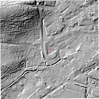 Shaded relief map of the ground around BA52DR, computed from Environment Agency LiDAR. The ground here sits at about 33 m above sea level and falls 26 m across the surrounding 800 m. Surface water reaching this point runs off ground lying to the north-west, 1.8 m higher.