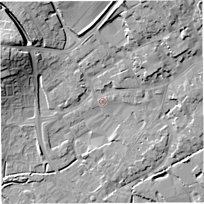 Shaded relief map of the ground around BA52DT, computed from Environment Agency LiDAR. The ground here sits at about 37 m above sea level and falls 22 m across the surrounding 800 m. Surface water reaching this point runs off ground lying to the west-north-west, 14.4 m higher.