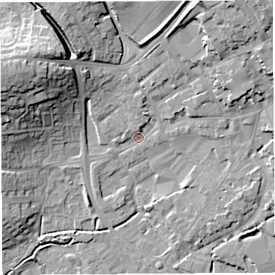 Shaded relief map of the ground around BA52DZ, computed from Environment Agency LiDAR. The ground here sits at about 35 m above sea level and falls 23 m across the surrounding 800 m. Surface water reaching this point runs off ground lying to the north, 4.2 m higher.