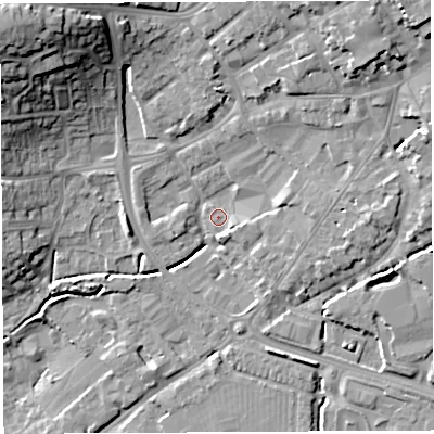Shaded relief map of the ground around BA52GW, computed from Environment Agency LiDAR. The ground here sits at about 33 m above sea level and falls 25 m across the surrounding 800 m. Surface water reaching this point runs off ground lying to the east, 4.4 m higher.
