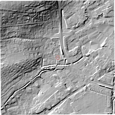 Shaded relief map of the ground around BA52HB, computed from Environment Agency LiDAR. The ground here sits at about 31 m above sea level and falls 27 m across the surrounding 800 m. Surface water reaching this point runs off ground lying to the north-east, 4.2 m higher.