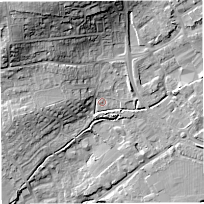 Shaded relief map of the ground around BA52HE, computed from Environment Agency LiDAR. The ground here sits at about 31 m above sea level and falls 28 m across the surrounding 800 m. Surface water reaching this point runs off ground lying to the north-west, 21.2 m higher.