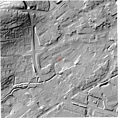 Shaded relief map of the ground around BA52HP, computed from Environment Agency LiDAR. The ground here sits at about 33 m above sea level and falls 25 m across the surrounding 800 m. Surface water reaching this point runs off ground lying to the north-west, 18.5 m higher.