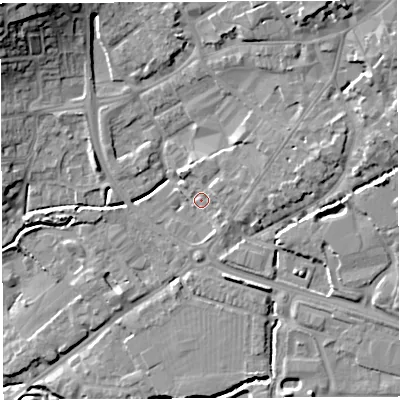 Shaded relief map of the ground around BA52HQ, computed from Environment Agency LiDAR. The ground here sits at about 34 m above sea level and falls 24 m across the surrounding 800 m. Surface water reaching this point runs off ground lying to the east-north-east, 3.9 m higher.