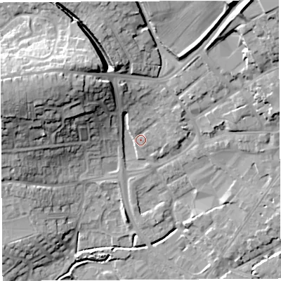 Shaded relief map of the ground around BA52HS, computed from Environment Agency LiDAR. The ground here sits at about 35 m above sea level and falls 23 m across the surrounding 800 m. Surface water reaching this point runs off ground lying to the north-north-west, 7.9 m higher.