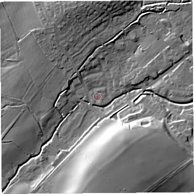 Shaded relief map of the ground around BA52JR, computed from Environment Agency LiDAR. The ground here sits at about 25 m above sea level and falls 23 m across the surrounding 800 m. Surface water reaching this point runs off ground lying to the north-east, 1.0 m higher.