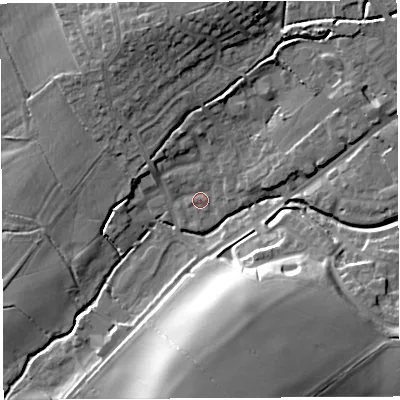Shaded relief map of the ground around BA52JU, computed from Environment Agency LiDAR. The ground here sits at about 26 m above sea level and falls 23 m across the surrounding 800 m. Surface water reaching this point runs off ground lying to the north, 10.9 m higher.