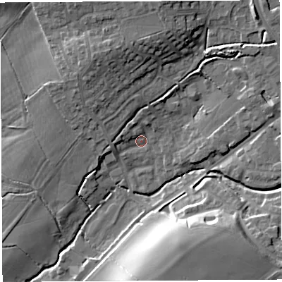 Shaded relief map of the ground around BA52JX, computed from Environment Agency LiDAR. The ground here sits at about 26 m above sea level and falls 22 m across the surrounding 800 m. Surface water reaching this point runs off ground lying to the north, 4.7 m higher.