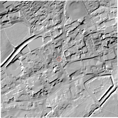 Shaded relief map of the ground around BA52LA, computed from Environment Agency LiDAR. The ground here sits at about 48 m above sea level and falls 29 m across the surrounding 800 m. Surface water reaching this point runs off ground lying to the north-north-east, 16.0 m higher.