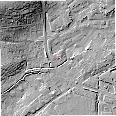 Shaded relief map of the ground around BA52LB, computed from Environment Agency LiDAR. The ground here sits at about 34 m above sea level and falls 26 m across the surrounding 800 m. Surface water reaching this point runs off ground lying to the south-east, 1.1 m higher.