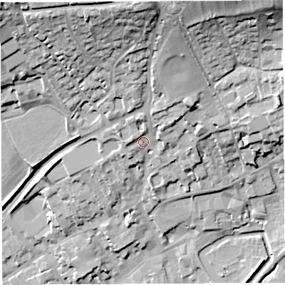 Shaded relief map of the ground around BA52LD, computed from Environment Agency LiDAR. The ground here sits at about 53 m above sea level and falls 38 m across the surrounding 800 m. Surface water reaching this point runs off ground lying to the north, 21.8 m higher.