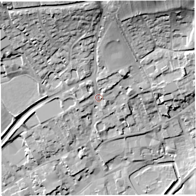Shaded relief map of the ground around BA52LQ, computed from Environment Agency LiDAR. The ground here sits at about 53 m above sea level and falls 38 m across the surrounding 800 m. Surface water reaching this point runs off ground lying to the north, 21.3 m higher.