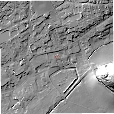 Shaded relief map of the ground around BA52PA, computed from Environment Agency LiDAR. The ground here sits at about 47 m above sea level and falls 48 m across the surrounding 800 m. Surface water reaching this point runs off ground lying to the north, 2.9 m higher.