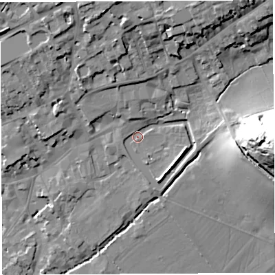 Shaded relief map of the ground around BA52PB, computed from Environment Agency LiDAR. The ground here sits at about 44 m above sea level and falls 47 m across the surrounding 800 m. Surface water reaching this point runs off ground lying to the east, 38.9 m higher.