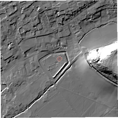 Shaded relief map of the ground around BA52PD, computed from Environment Agency LiDAR. The ground here sits at about 44 m above sea level and falls 51 m across the surrounding 800 m. Surface water reaching this point runs off ground lying to the south-east, 3.9 m higher.