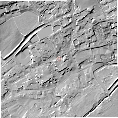 Shaded relief map of the ground around BA52PE, computed from Environment Agency LiDAR. The ground here sits at about 46 m above sea level and falls 28 m across the surrounding 800 m. Surface water reaching this point runs off ground lying to the north, 8.5 m higher.