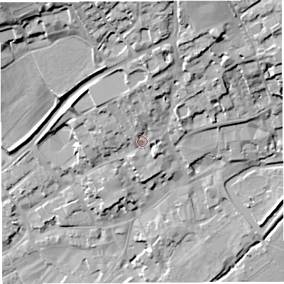 Shaded relief map of the ground around BA52PF, computed from Environment Agency LiDAR. The ground here sits at about 46 m above sea level and falls 28 m across the surrounding 800 m. Surface water reaching this point runs off ground lying to the north, 7.4 m higher.