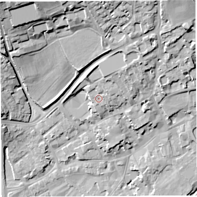 Shaded relief map of the ground around BA52PG, computed from Environment Agency LiDAR. The ground here sits at about 46 m above sea level and falls 30 m across the surrounding 800 m. Surface water reaching this point runs off ground lying to the north-east, 5.0 m higher.
