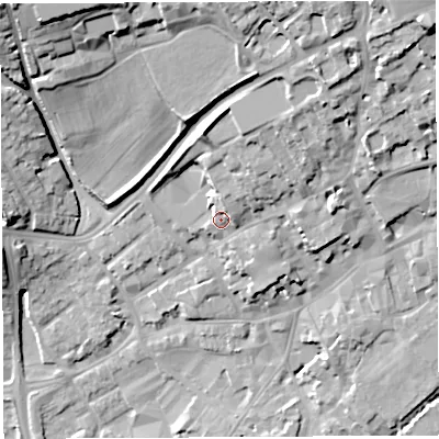 Shaded relief map of the ground around BA52PJ, computed from Environment Agency LiDAR. The ground here sits at about 44 m above sea level and falls 28 m across the surrounding 800 m. Surface water reaching this point runs off ground lying to the north, 3.8 m higher.
