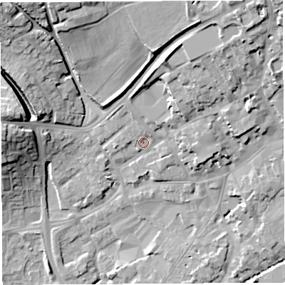 Shaded relief map of the ground around BA52PT, computed from Environment Agency LiDAR. The ground here sits at about 39 m above sea level and falls 26 m across the surrounding 800 m. Surface water reaching this point runs off ground lying to the north-north-west, 1.7 m higher.