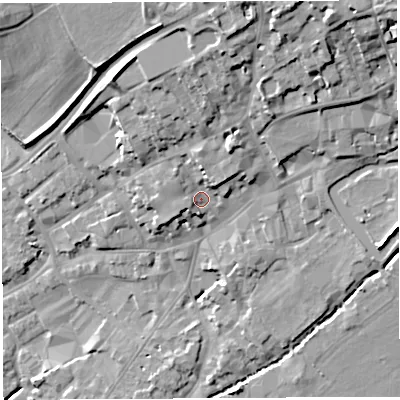 Shaded relief map of the ground around BA52PU, computed from Environment Agency LiDAR. The ground here sits at about 42 m above sea level and falls 27 m across the surrounding 800 m. Surface water reaching this point runs off ground lying to the north, 11.6 m higher.