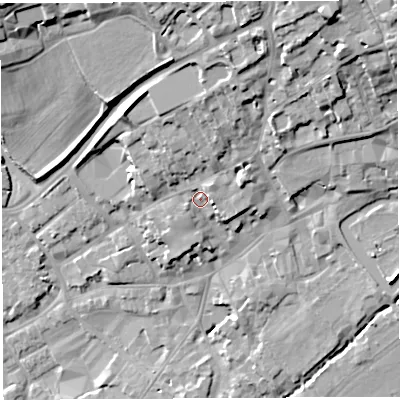 Shaded relief map of the ground around BA52PX, computed from Environment Agency LiDAR. The ground here sits at about 44 m above sea level and falls 28 m across the surrounding 800 m. Surface water reaching this point runs off ground lying to the north-east, 3.3 m higher.