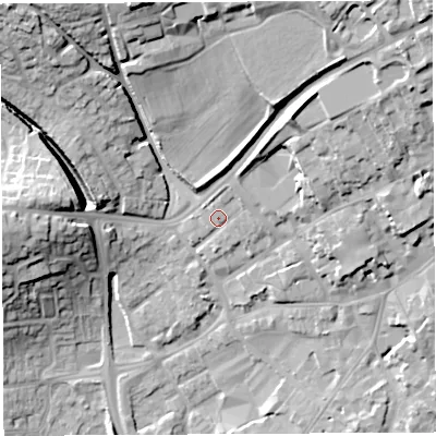 Shaded relief map of the ground around BA52QF, computed from Environment Agency LiDAR. The ground here sits at about 40 m above sea level and falls 27 m across the surrounding 800 m. Surface water reaching this point runs off ground lying to the north-north-east, 2.9 m higher.