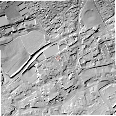 Shaded relief map of the ground around BA52QL, computed from Environment Agency LiDAR. The ground here sits at about 50 m above sea level and falls 33 m across the surrounding 800 m. Surface water reaching this point runs off ground lying to the north-north-east, 2.7 m higher.