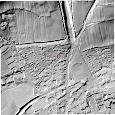Shaded relief map of the ground around BA52QR, computed from Environment Agency LiDAR. The ground here sits at about 65 m above sea level and falls 64 m across the surrounding 800 m. Surface water reaching this point runs off ground lying to the north, 9.5 m higher.