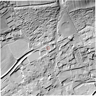 Shaded relief map of the ground around BA52QW, computed from Environment Agency LiDAR. The ground here sits at about 54 m above sea level and falls 41 m across the surrounding 800 m. Surface water reaching this point runs off ground lying to the north-north-east, 8.9 m higher.