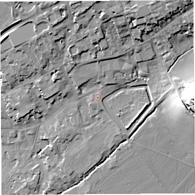 Shaded relief map of the ground around BA52RB, computed from Environment Agency LiDAR. The ground here sits at about 44 m above sea level and falls 38 m across the surrounding 800 m. Surface water reaching this point runs off ground lying to the east-south-east, 1.0 m higher.