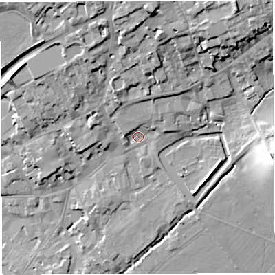 Shaded relief map of the ground around BA52RF, computed from Environment Agency LiDAR. The ground here sits at about 44 m above sea level and falls 28 m across the surrounding 800 m. Surface water reaching this point runs off ground lying to the north-east, 6.5 m higher.