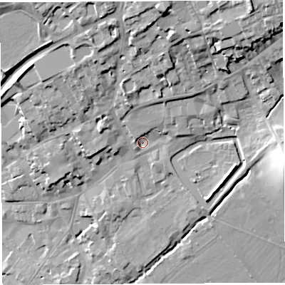 Shaded relief map of the ground around BA52RH, computed from Environment Agency LiDAR. The ground here sits at about 43 m above sea level and falls 28 m across the surrounding 800 m. Surface water reaching this point runs off ground lying to the north-east, 6.5 m higher.