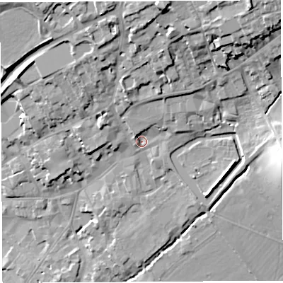 Shaded relief map of the ground around BA52RJ, computed from Environment Agency LiDAR. The ground here sits at about 43 m above sea level and falls 27 m across the surrounding 800 m. Surface water reaching this point runs off ground lying to the north, 17.6 m higher.