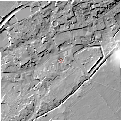 Shaded relief map of the ground around BA52RT, computed from Environment Agency LiDAR. The ground here sits at about 42 m above sea level and falls 24 m across the surrounding 800 m. Surface water reaching this point runs off ground lying to the north-east, 2.9 m higher.
