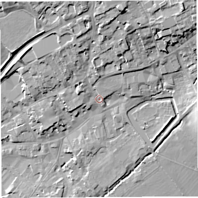 Shaded relief map of the ground around BA52SE, computed from Environment Agency LiDAR. The ground here sits at about 44 m above sea level and falls 28 m across the surrounding 800 m. Surface water reaching this point runs off ground lying to the north-north-east, 16.7 m higher.