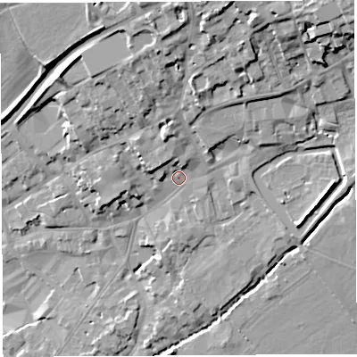 Shaded relief map of the ground around BA52SG, computed from Environment Agency LiDAR. The ground here sits at about 42 m above sea level and falls 26 m across the surrounding 800 m. Surface water reaching this point runs off ground lying to the north-north-east, 15.9 m higher.