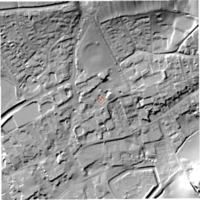 Shaded relief map of the ground around BA52SS, computed from Environment Agency LiDAR. The ground here sits at about 54 m above sea level and falls 42 m across the surrounding 800 m. Surface water reaching this point runs off ground lying to the north, 7.1 m higher.