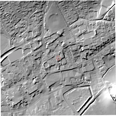 Shaded relief map of the ground around BA52SU, computed from Environment Agency LiDAR. The ground here sits at about 52 m above sea level and falls 36 m across the surrounding 800 m. Surface water reaching this point runs off ground lying to the north-north-east, 3.7 m higher.