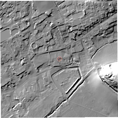 Shaded relief map of the ground around BA52UA, computed from Environment Agency LiDAR. The ground here sits at about 47 m above sea level and falls 48 m across the surrounding 800 m. Surface water reaching this point runs off ground lying to the north, 3.4 m higher.